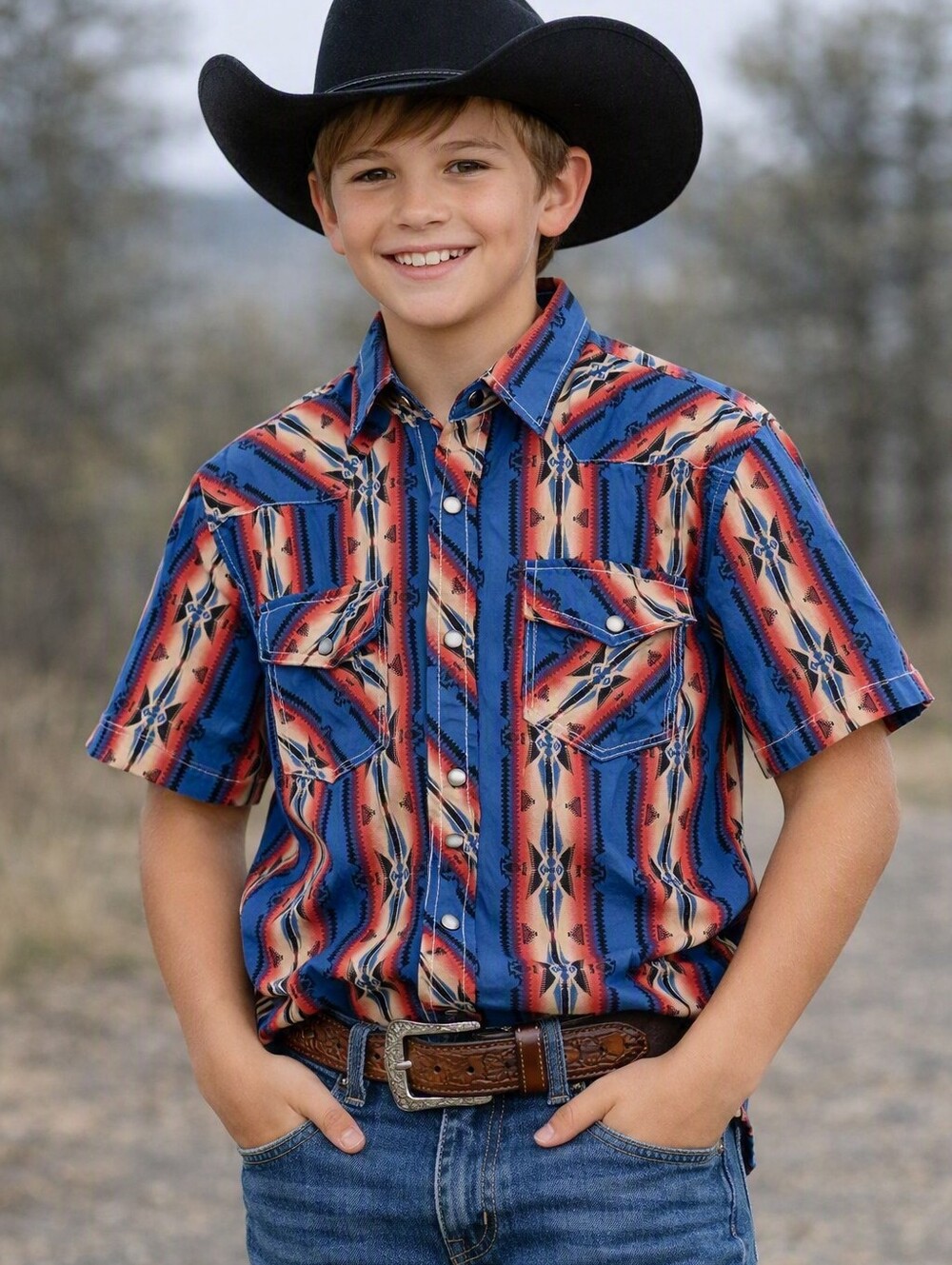 Rock & Roll Cowboy Shirt Youth Large Short Sleeve Blue Cotton Cowboy Western